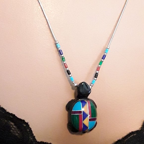 Native American Multi Gemstone Inlay Carved Turtle Pendant Necklace - Picture 1 of 4